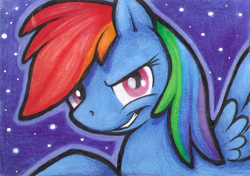 Size: 350x246 | Tagged: safe, artist:shema-the-lioness, artist:shemalioness, derpibooru import, rainbow dash, pegasus, pony, female, grin, looking at you, mare, narrowed eyes, smiling, solo, traditional art