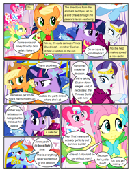 Size: 612x792 | Tagged: safe, artist:christhes, derpibooru import, edit, edited screencap, screencap, applejack, fluttershy, pinkie pie, rainbow dash, rarity, twilight sparkle, unicorn twilight, earth pony, pegasus, pony, unicorn, collaboration, comic:friendship is dragons, clothes, comic, dialogue, dress, eyes closed, female, freckles, frown, gala dress, grin, hat, jewelry, mane six, mare, screencap comic, show accurate, smiling, tiara, worried