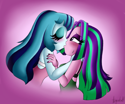 Size: 1024x846 | Tagged: safe, artist:queentigrel, aria blaze, sonata dusk, equestria girls, rainbow rocks, arisona, bedroom eyes, blushing, breasts, clothes, female, kissing, lesbian, shipping