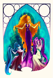 Size: 955x1400 | Tagged: safe, artist:gaerwing, adagio dazzle, aria blaze, sonata dusk, equestria girls, rainbow rocks, clothes, dress, eyes closed, modern art, nouveau, pose, the dazzlings, trio