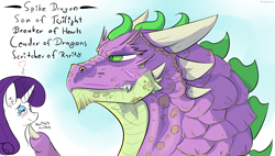 Size: 1964x1118 | Tagged: safe, artist:fuzzypones, rarity, spike, dragon, pony, unicorn, blushing, chin scratch, female, male, older, older spike, shipping, size difference, sparity, straight