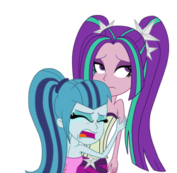 Size: 1312x1279 | Tagged: safe, artist:eagc7, aria blaze, sonata dusk, equestria girls, bare shoulders, clothes, comfort, crying, female, pigtails, ponytail, sad, shoulderless, simple background, sleeveless, strapless, the dazzlings, transparent background