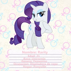 Size: 1024x1024 | Tagged: safe, rarity, pony, unicorn, female, mare, raised hoof, smiling, solo, spanish