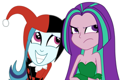 Size: 1125x713 | Tagged: safe, artist:eagc7, aria blaze, sonata dusk, equestria girls, angry, annoyed, arisona, bare shoulders, clothes, cosplay, costume, crossed arms, crossover, dc comics, female, gloves, happy, harley quinn, jester, lesbian, poison ivy, shipping, shoulderless, simple background, sleeveless, smiling, strapless, the dazzlings, transparent background