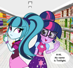 Size: 900x836 | Tagged: safe, artist:wubcakeva, sci-twi, sonata dusk, twilight sparkle, equestria girls, rainbow rocks, blushing, clothes, dialogue, female, glasses, grocery store, lesbian, sci-twinata, shipping, smiling, speech bubble, twinata