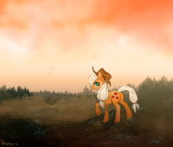 Size: 747x635 | Tagged: safe, artist:momogatari, applejack, earth pony, pony, forest, raised hoof, scenery, solo, sunset