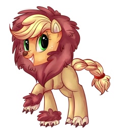 Size: 1024x1105 | Tagged: safe, artist:heu-hey, applejack, earth pony, pony, scare master, applelion, clothes, grin, simple background, solo