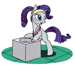 Size: 2077x1807 | Tagged: safe, artist:camo-pony, derpibooru exclusive, rarity, pony, unicorn, alternate hairstyle, bipedal, bipedal leaning, drinking fountain, earbuds, leaning, one eye closed, solo, sweat, sweatband, workout