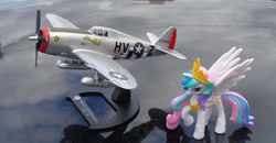 Size: 2592x1350 | Tagged: safe, artist:dingopatagonico, princess celestia, pony, irl, p-47 thunderbolt, photo, plane, solo, toy