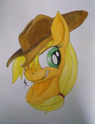 Size: 3216x4198 | Tagged: safe, artist:scribblepwn3, applejack, earth pony, pony, bust, hat, pen drawing, portrait, solo, traditional art, watercolor painting, wink