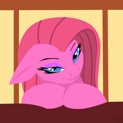 Size: 1280x1280 | Tagged: safe, artist:aurumluxetal, artist:hoverrover, pinkie pie, earth pony, pony, bedroom eyes, bust, female, floppy ears, hooves, lineless, mare, pinkamena diane pie, portrait, sexy, smiling, solo, style emulation