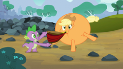 Size: 1280x720 | Tagged: safe, screencap, applejack, spike, dragon, earth pony, pony, spike at your service, bellows, cartoon physics, female, inflation, male, mare, puffy cheeks