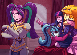 Size: 2100x1500 | Tagged: safe, artist:overlordneon, adagio dazzle, aria blaze, sonata dusk, twilight sparkle, equestria girls, adagilight, armor, bed, bedroom, clothes, crossed arms, dress, eyes closed, female, lesbian, ot4, quartet, shipping, smiling, sparkleblaze, the dazzlings, twinata