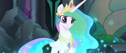 Size: 1920x804 | Tagged: safe, screencap, princess celestia, alicorn, pony, my little pony: the movie, crown, cute, cutelestia, happy, jewelry, magic, regalia, smiling, solo