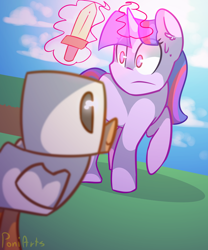 Size: 1500x1800 | Tagged: safe, artist:poniarts, derpibooru import, twilight sparkle, chicken, minecraft, sweatdrop, sword