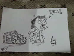 Size: 3264x2448 | Tagged: safe, applejack, earth pony, pony, worm, apple, bucket, food, monochrome, speech bubble, traditional art