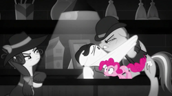 Size: 1299x730 | Tagged: safe, derpibooru import, screencap, pinkie pie, rainbow dash, rarity, earth pony, pegasus, pony, unicorn, sparkle's seven, bartender, detective rarity, grayscale, investigator dash, juice jackie, monochrome, partial color