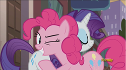 Size: 1282x720 | Tagged: safe, screencap, pinkie pie, rarity, earth pony, pony, unicorn, the gift of the maud pie, discovery family logo, one eye closed, wink