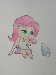 Size: 750x992 | Tagged: safe, artist:jay156, fluttershy, rabbit, equestria girls, barefoot, clothes, cute, feet, mini, shyabetes, skirt, smiling, solo, tanktop, traditional art, watercolor painting