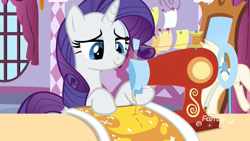 Size: 1920x1080 | Tagged: safe, screencap, rarity, pony, unicorn, father knows beast, carousel boutique, discovery family logo, fabric, female, mare, mirror, ponyquin, pushpins, sewing machine, smiling, solo, thread