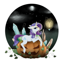 Size: 1280x1280 | Tagged: safe, alternate version, artist:evlass, rarity, bat, bird, crow, ghost, pony, unicorn, canon, crystal, dock, ear fluff, female, floppy ears, halloween, holiday, horn, jack-o-lantern, lantern, looking at you, mare, moon, night, night sky, pouting, pumpkin, rearity, simple background, sky, solo, transparent background