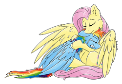 Size: 1432x990 | Tagged: safe, artist:ruushiicz, derpibooru import, fluttershy, rainbow dash, pegasus, pony, comforting, crying, duo, eyes closed, female, folded wings, hug, mare, outline, role reversal, simple background, sitting, spread wings, teary eyes, transparent background, white outline, wings