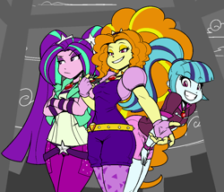 Size: 1155x988 | Tagged: safe, artist:reiduran, adagio dazzle, aria blaze, sonata dusk, equestria girls, alicorn amulet, clothes, female, gem, gloves, grin, looking at you, pants, shirt, siren gem, skirt, smiling, smirk, the dazzlings, trio