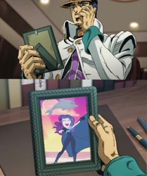 Size: 1637x1960 | Tagged: safe, rarity, dolphin, equestria girls, doll, jojo's bizarre adventure, jotaro kujo, meme, phone, photo, picture frame, template, toy, vento aureo