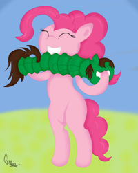 Size: 800x1000 | Tagged: safe, artist:gian2020, pinkie pie, oc, oc:frost d. tart, earth pony, pony, accordion, cartoon physics, eyes closed, i have no mouth and i must scream, missing cutie mark, musical instrument, request, smiling