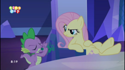 Size: 1600x900 | Tagged: safe, screencap, fluttershy, spike, changeling, dragon, pegasus, pony, to where and back again, crossed hooves, crossed legs, cutie map, drawing, flutterbitch, hooves on the table, twilight's castle, vandalism