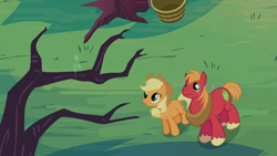 Size: 1366x768 | Tagged: safe, screencap, applejack, big macintosh, earth pony, pony, family appreciation day, bare tree, looking up, male, spark, stallion, zap apple tree