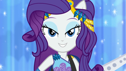 Size: 1920x1080 | Tagged: safe, screencap, rarity, better together, equestria girls, rollercoaster of friendship, bedroom eyes, grin, looking at you, sliding background, smiling, smirk, solo