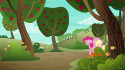 Size: 1920x1080 | Tagged: safe, screencap, fluttershy, pinkie pie, pegasus, pony, buckball season, apple, apple tree, eyes closed, flower, food, hill, listening, path, sad, scenery, tree, walking