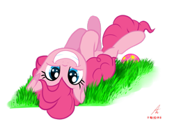 Size: 1069x748 | Tagged: safe, artist:truffle shine, pinkie pie, earth pony, pony, ball, female, grass, lying down, mare, on back, smiling, solo, upside down