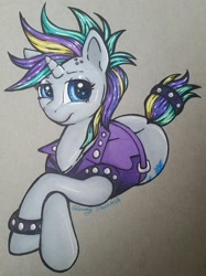 Size: 1827x2446 | Tagged: safe, artist:gleamydreams, rarity, pony, unicorn, it isn't the mane thing about you, alternate hairstyle, bracelet, crossed legs, female, jewelry, looking at you, mare, prone, punk, raripunk, simple background, smiling, solo, spiked wristband, traditional art, wristband