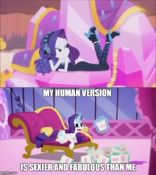 Size: 500x561 | Tagged: safe, edit, edited screencap, screencap, rarity, pony, unicorn, better together, equestria girls, inspiration manifestation, the other side, bare shoulders, comfort eating, crying, eating, fabulous, fainting couch, female, food, grammar error, headphones, high heels, ice cream, image macro, magic, mare, marshmelodrama, meme, rarity reacts, rarity's peek behind the boutique, shoes, sleeveless, strapless, telekinesis, text, truth