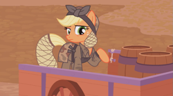 Size: 847x473 | Tagged: safe, applejack, earth pony, pony, the cutie re-mark, alternate timeline, applecalypsejack, barrels, crystal war timeline