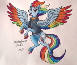 Size: 3373x2876 | Tagged: safe, artist:mesuyoru, derpibooru import, rainbow dash, pegasus, pony, the last problem, spoiler:s09, blue coat, colored wings, eyebrows, female, flying, happy, mare, markers, multicolored wings, older, older rainbow dash, rainbow wings, simple background, solo, traditional art, wings