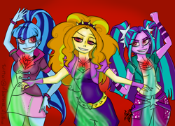Size: 1280x920 | Tagged: safe, artist:marssh, adagio dazzle, aria blaze, sonata dusk, equestria girls, rainbow rocks, clothes, female, fingerless gloves, gem, gloves, glowing eyes, jewelry, looking at you, necklace, pants, pendant, pigtails, ponytail, red background, simple background, siren gem, skirt, smiling, the dazzlings, trio, twintails