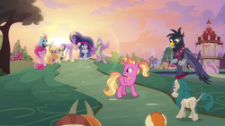 Size: 1280x720 | Tagged: safe, derpibooru import, screencap, applejack, fluttershy, gallop j. fry, georgia (character), luster dawn, pinkie pie, princess twilight 2.0, rainbow dash, rarity, spike, twilight sparkle, twilight sparkle (alicorn), alicorn, dragon, earth pony, griffon, kirin, pegasus, pony, unicorn, yak, the last problem, all is well, ethereal mane, female, flowing mane, friends, gigachad spike, happy ending, male, mane six, mare, older, older applejack, older fluttershy, older gallop j. fry, older pinkie pie, older rainbow dash, older rarity, older spike, river song (character), smiling, sunset, the magic of friendship grows, waving, yelena