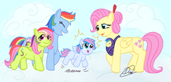 Size: 1280x615 | Tagged: safe, artist:linadoonofficial, derpibooru import, fluttershy, rainbow dash, oc, pegasus, pony, baby, baby carrier, baby pony, blank flank, family, female, filly, flutterdash, lesbian, magical lesbian spawn, offspring, parent:fluttershy, parent:rainbow dash, parents:flutterdash, shipping