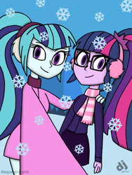 Size: 1200x1600 | Tagged: safe, artist:djgames, sci-twi, sonata dusk, twilight sparkle, equestria girls, clothes, duo, earmuffs, requested art, smiling, winter outfit