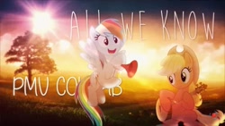 Size: 1280x720 | Tagged: safe, derpibooru import, applejack, rainbow dash, earth pony, pegasus, pony, appledash, female, flying, happy, hat, horn, lesbian, pmv, pmv collab, shipping, sunset, tree, youtube link