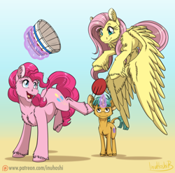 Size: 900x889 | Tagged: safe, artist:inuhoshi-to-darkpen, fluttershy, pinkie pie, snails, classical unicorn, earth pony, pegasus, pony, buckball season, ball, bucket, floating, fluffy, glowing horn, kick, leonine tail, magic, open mouth, patreon, patreon logo, signature, telekinesis, tongue out, unshorn fetlocks