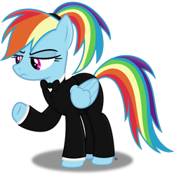 Size: 2448x2466 | Tagged: safe, artist:anime-equestria, derpibooru import, rainbow dash, pegasus, pony, alternate hairstyle, annoyed, bowtie, clothes, ponytail, rainbow dash always dresses in style, rainbow dash is not amused, simple background, suit, transparent background, tuxedo, unamused, vector, wings
