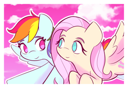 Size: 1890x1299 | Tagged: safe, artist:burgeroise, derpibooru import, fluttershy, rainbow dash, pegasus, pony, cute, duo, female, flying, mare, no pupils