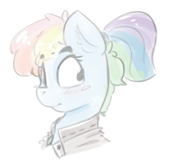 Size: 518x508 | Tagged: safe, artist:fuzzypones, derpibooru import, rainbow dash, pegasus, pony, alternate hairstyle, blushing, bust, clothes, female, jacket, mare, ponytail, simple background, solo, white background