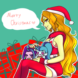 Size: 1000x1000 | Tagged: safe, artist:raika0306, adagio dazzle, aria blaze, sonata dusk, equestria girls, blush sticker, blushing, chibi, christmas, clothes, costume, cute, dialogue, hat, hearth's warming, holiday, looking at you, open mouth, santa costume, sitting, speech bubble, the dazzlings