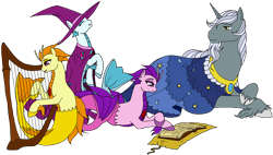 Size: 5112x2912 | Tagged: safe, artist:westphalianartist, adagio dazzle, aria blaze, sonata dusk, star swirl the bearded, siren, beard, book, clothes, costume, facial hair, harp, hat, musical instrument, reading, robe, the dazzlings, wizard hat, younger