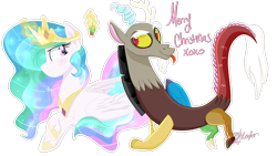 Size: 1920x1080 | Tagged: safe, artist:lynchristina, discord, princess celestia, alicorn, pony, christmas, dislestia, female, holiday, magic, male, merry christmas, mistletoe, shipping, simple background, straight, telekinesis, transparent background, xoxo